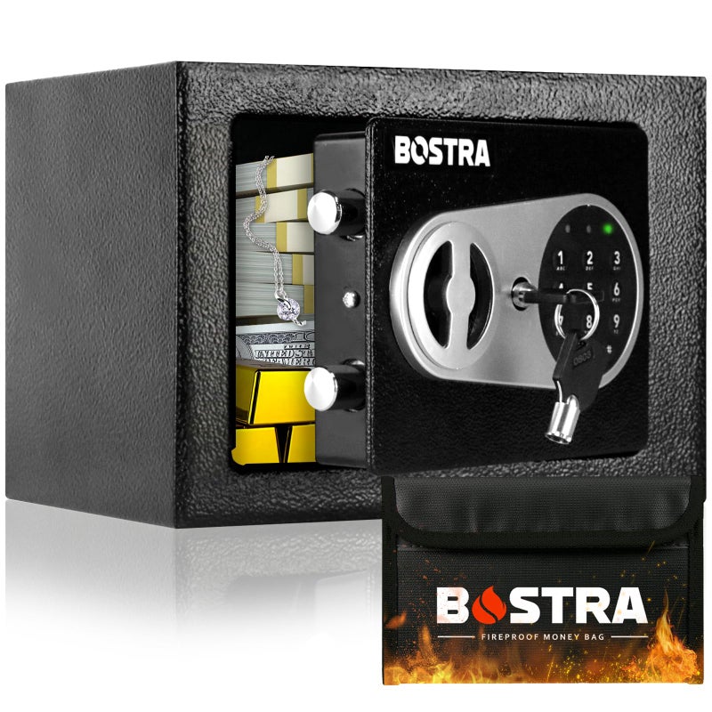 Bostra Fireproof Safe Box with Sensor Light & Fireproof Bag  Money Safe Box with Digital Keypad Security Safe Box for Home  0.23 Cubic Small Safe with Keys & Pass Code for Cash Jewelry Silver - Image 1